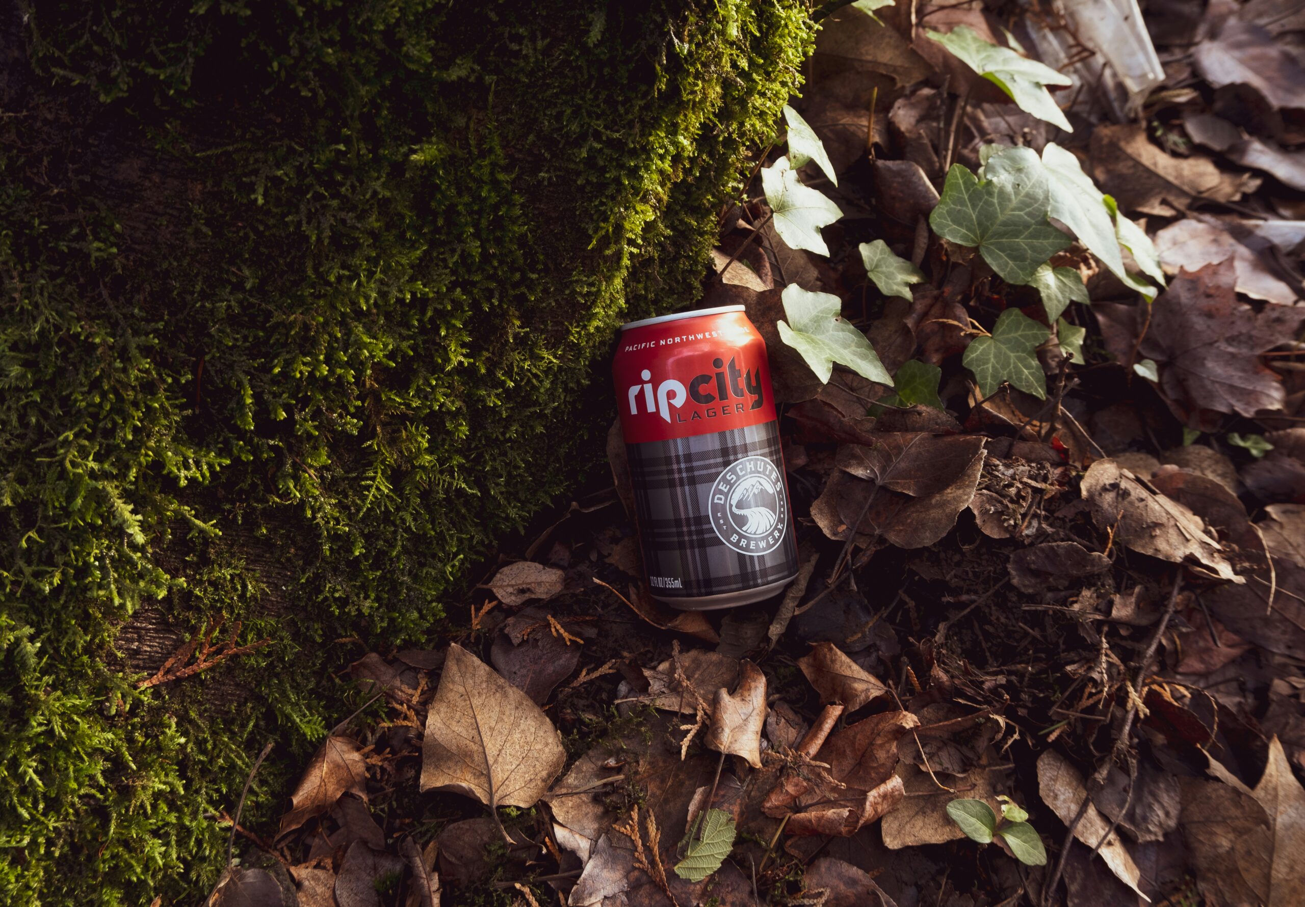 A can of Rip City Lager rests against a moss-covered tree trunk surrounded by fallen leaves and ivy.