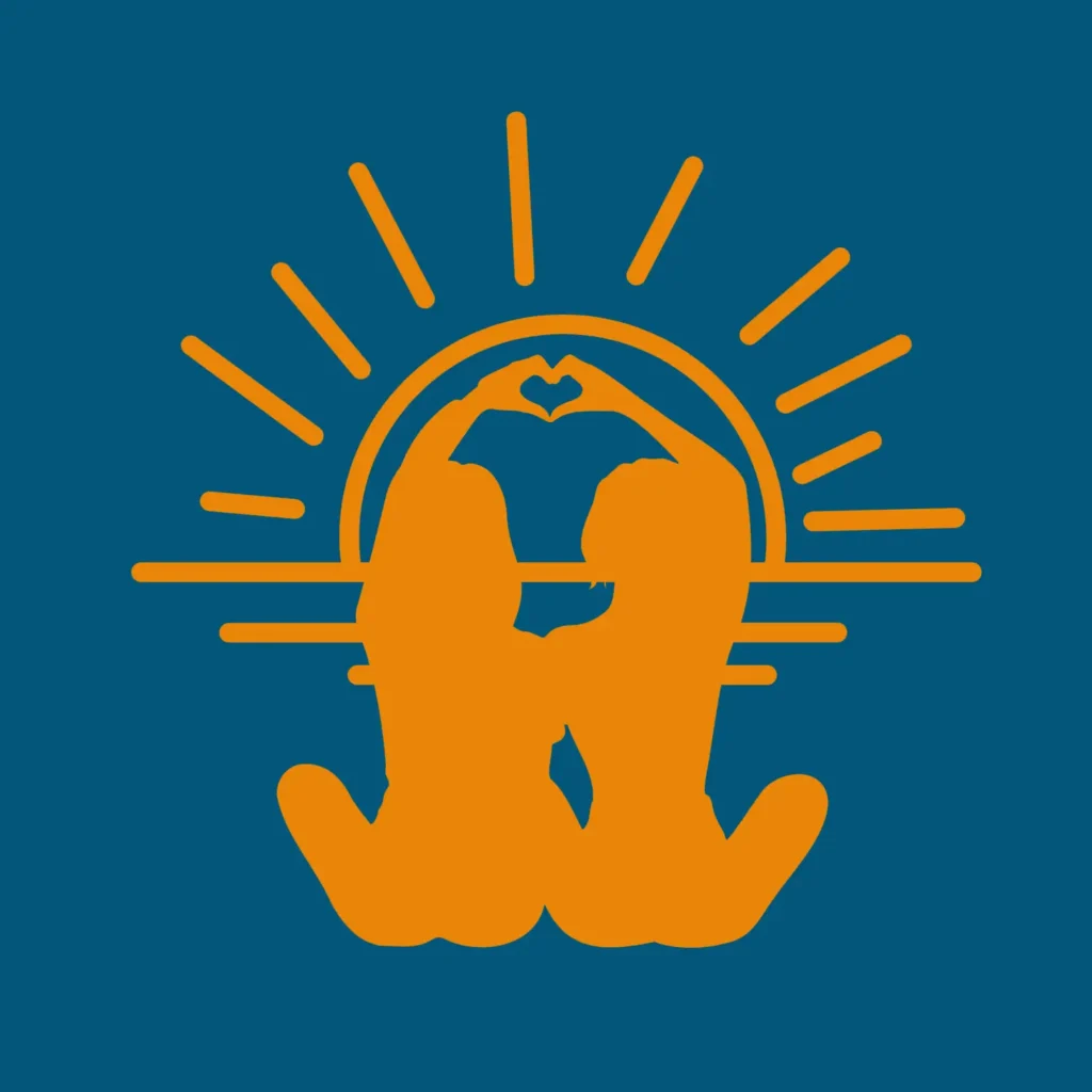 Two people sitting side by side forming a heart shape with their hands in front of a stylized sun with rays on a blue background.