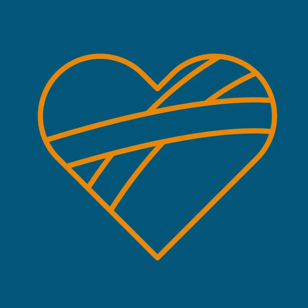 A simple orange heart outline with geometric lines inside, set against a solid blue background.