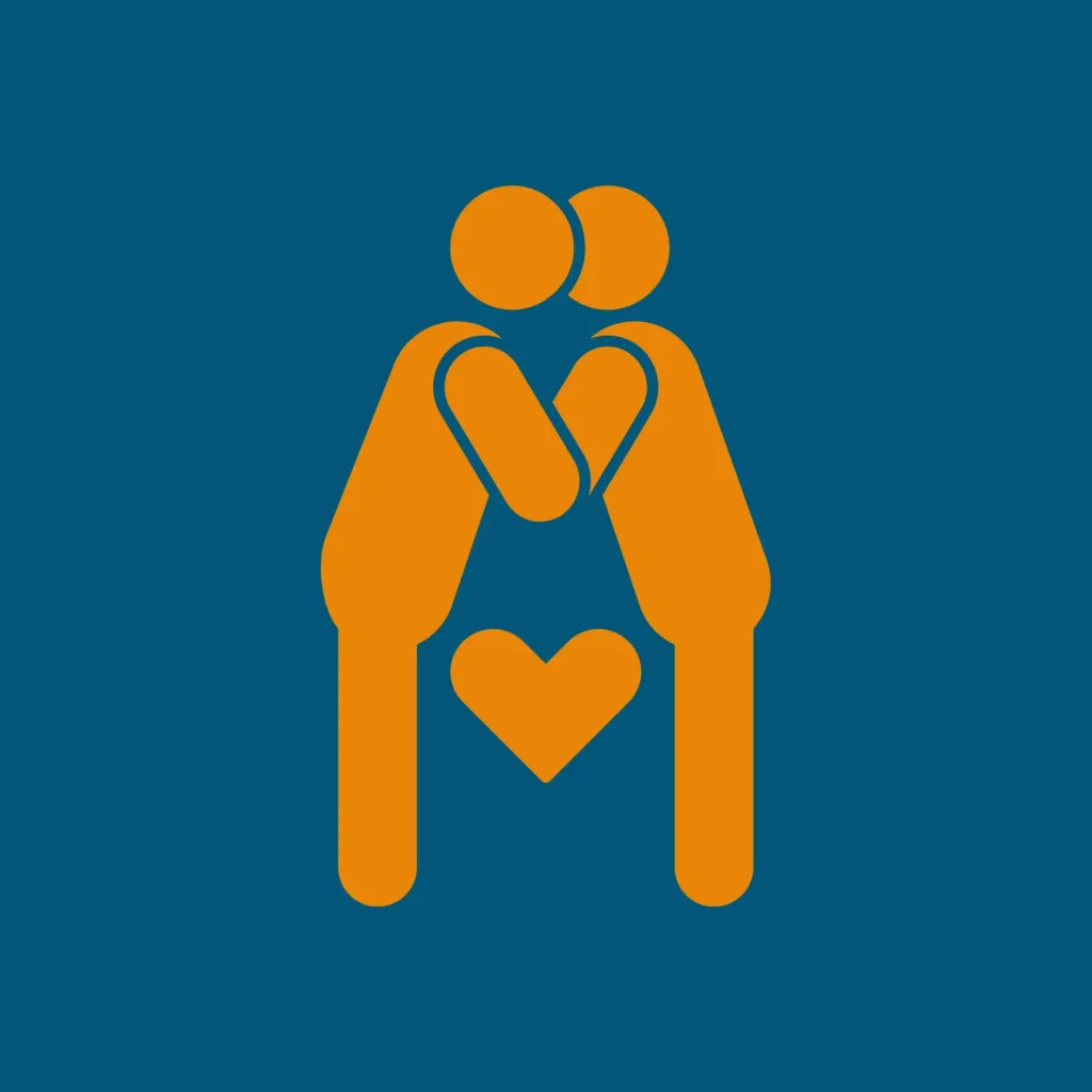 Two orange stick figures face each other, touching heads and forming a heart shape between them, on a blue background.